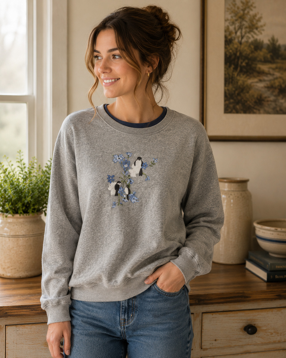 Grannycore Petites Crewneck Pullover Sweatshirt with Birds Embroidery Sz PL
